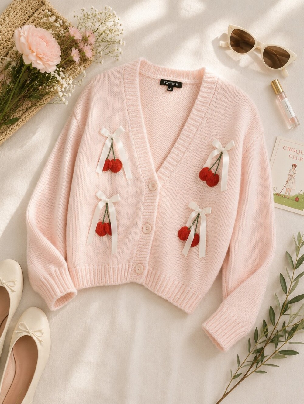 NWOT FOREVER 21 Pink Soft Croquette Balletcore L Sleeve Embroydered Cardigan. L